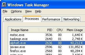 This screenshot shows that process ID 2636 is alpha5.exe, indicating that port 80 is used by the Application Server